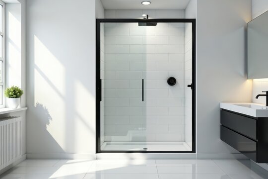 Black edged frame conceals a spacious shower cubicle in a fully tiled white bathroom, modern, bathroom, white