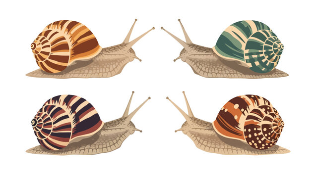 Four stylized snails with decorative shells facing each other in pairs, isolated on a white background.