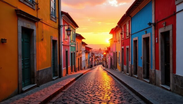 Cobblestone streets and colorful buildings of historic Pelourinho district at sunset, pelourinho, brazilian culture, colorful buildings