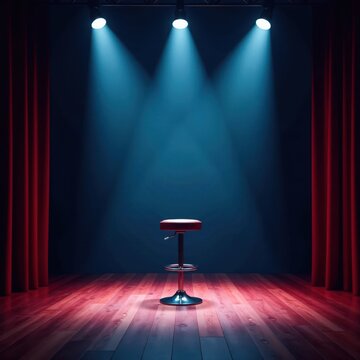 Dark empty stage room with a lone bar stool in center, spotlight shines on stool, empty chair, dimly lit, dark room