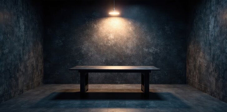 Dark walls, single bright light overhead, metal table in center of room, metal furniture, dimly lit, interrogation setup