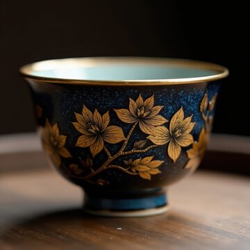 Delicate ceramic sake cup with golden lacquer repair, antique, ceramics, lacquerware