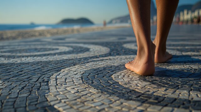 Close up of Brazilian feet walking on the iconic Copacabana sidewalk pattern by the beach, travelers explore Rio, when leisure moments happen and why this destination defines Brazilian culture.