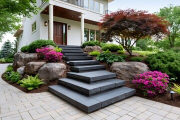Fototapeta premium Modern house entrance, dark stone stairs, lush landscaping