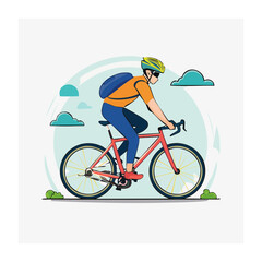 Naklejka premium Man riding a bicycle with a backpack and helmet