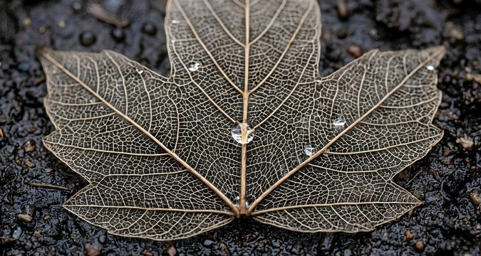 A macro photograph of a skeletonized leaf resting on dark, wet soil. The leaf tissue has decayed, leaving only the intricate, net-like structure of its veins. A clear water droplet sits perfectly bala