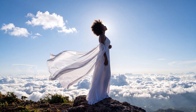 Black woman standing on a rocky mountain peak above the clouds, wearing flowing white fabric lifted by the wind. Bright sunrise light creates an ethereal, peaceful atmosphere with soft golden tones.