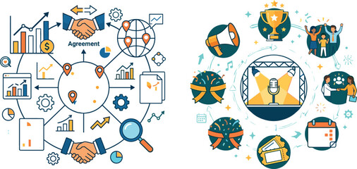 Fototapeta premium Business agreement network diagram and event management marketing icon set flat vector illustration for corporate strategy presentation and public relation planning