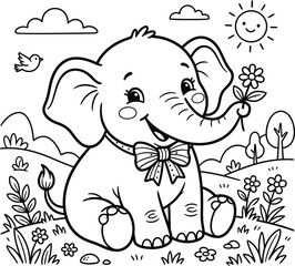 Obraz premium Cute baby elephant holding flower in landscape with elephant, landscape
