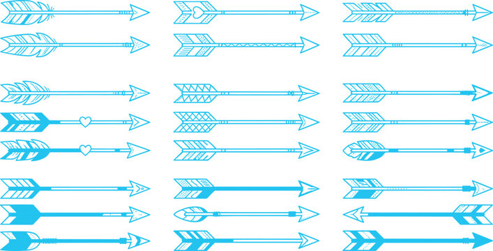 Boho tribal arrow vector illustration set featuring blue ethnic hand drawn arrows with feathers hearts and geometric patterns for decorative design elements