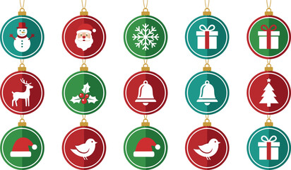 Christmas bauble ornament icon set with flat holiday symbols including Santa snowman reindeer snowflake bell and gift box vector illustration isolated on white background © Sumaiya Akter Sweety