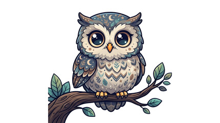 Naklejka premium A cute cartoon vector illustration of a wise brown owl with big eyes sitting on a tree branch in the wild nature at night