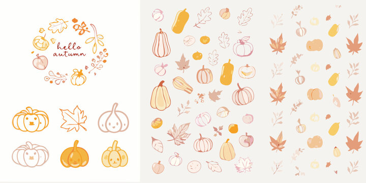 Autumn harvest pattern featuring pumpkins gourds and maple leaves in orange tones