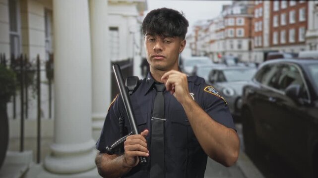 Young man police officer holding baton, hand to ear earpiece, standing by parked cars and building column on street; alert duty.