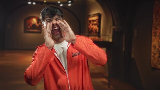 Man cupping hands around mouth shouting in a gallery building wearing orange jumpsuit and inmate number visible; defiance protest.