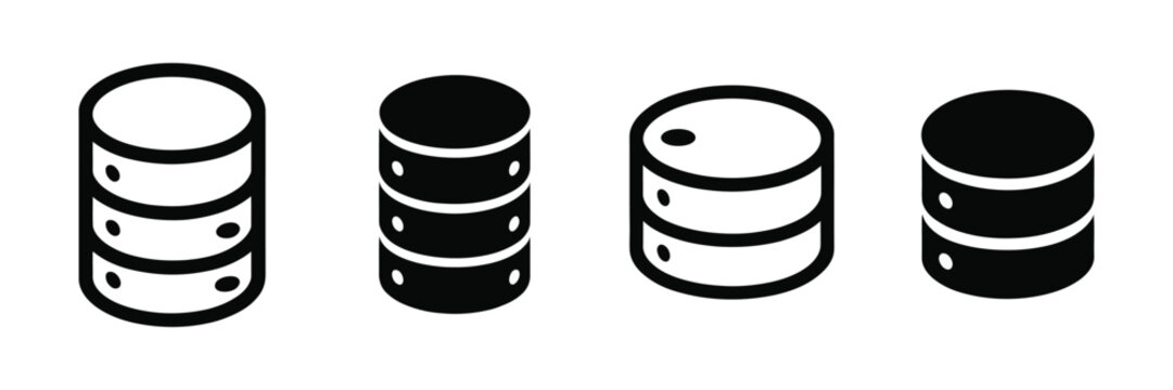 Database storage icons set in black and white minimal style isolated vector cylinders technology symbols representing digital data server cloud infrastructure and information management concepts