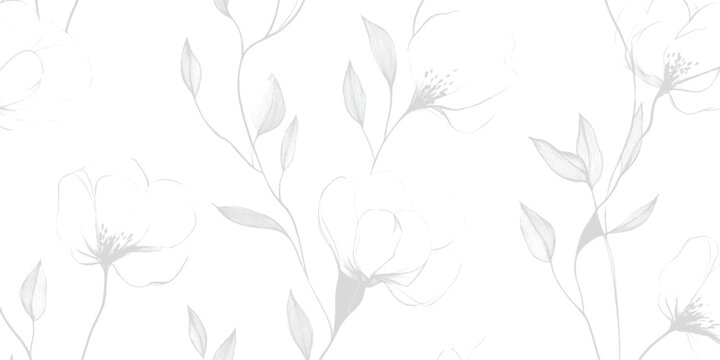 Delicate white floral pattern with grey sketched flowers and leaves on a white background leaf nature