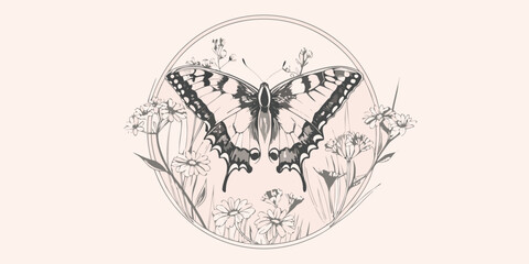 Butterfly And Floral Ornament A Detailed Vector Illustration © Dipu