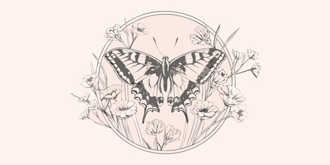 Butterfly And Floral Arrangement A Detailed Line Illustration © Dipu