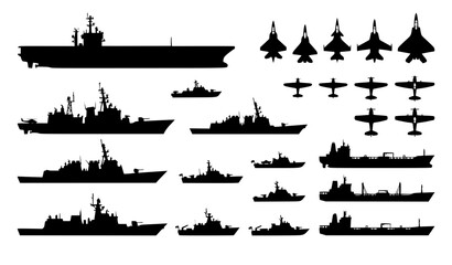 Obraz premium Military Naval Fleet and Fighter Jet Silhouette Collection with Aircraft Carrier and Warships
