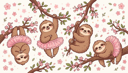 Cute ballerina sloth vector illustration seamless pattern featuring funny cartoon sloths wearing pink tutus hanging on cherry blossom tree branches © Sumaiya Akter Sweety