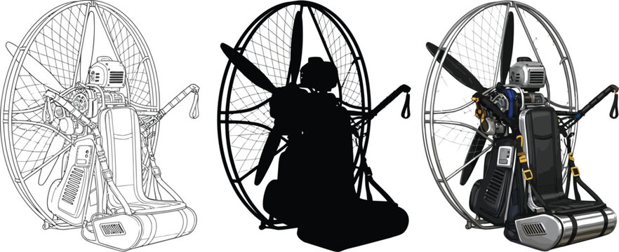 Paramotor illustration set including line art silhouette and detailed vector graphic for aviation or adventure concepts