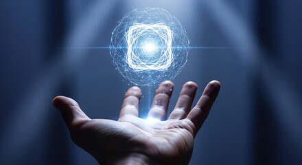Fototapeta premium A hand presents a glowing blue square with concentric circles and lines above it.