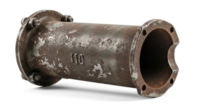A rusty, weathered metal pipe with flanges and a hole