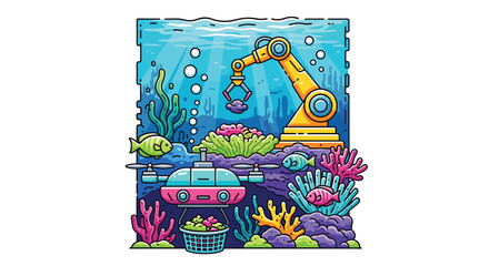 Obraz premium An automated robotic arm and a submersible drone harvest coral and geological samples from a vibrant, colorful underwater reef environment in this detailed digital art piece.