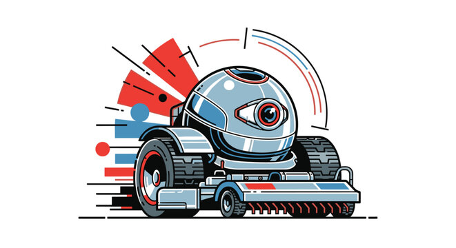A spherical surveillance robot equipped with a central camera lens moves on tracked wheels across a surface while leaving colorful geometric speed trails in the background.