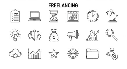Fototapeta premium Freelancing icons on a white background with various symbols