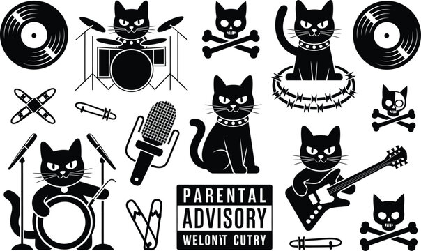 Black Cats Playing Music Instruments with Parental Advisory Sign