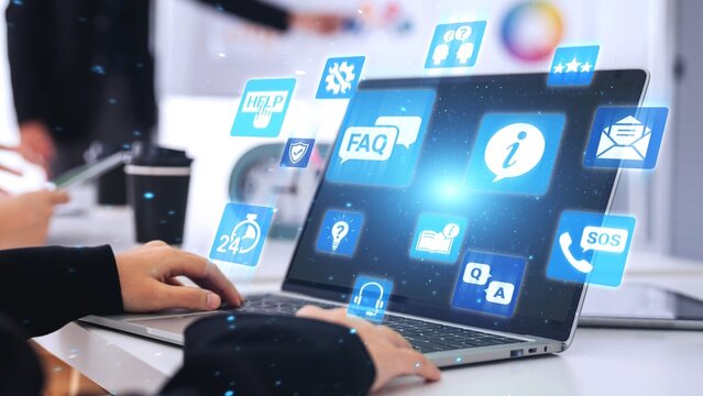 FAQ and online help icons show question, answer, and support system. FAQ improves online help experience, customer service quality, and FAQ knowledge access. Gist