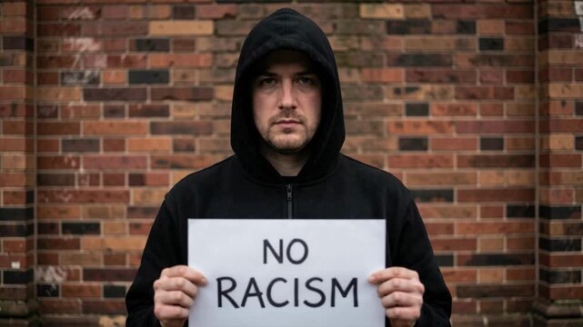 Man Holding Protest Sign Against Racism in Brick Wall Setting Cinematic Portrait