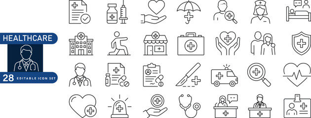 Collection of twenty eight hand drawn medical and healthcare icons featuring doctors hospitals ambulances and health symbols in a simple sketch style Vector, illustration © Saddam231