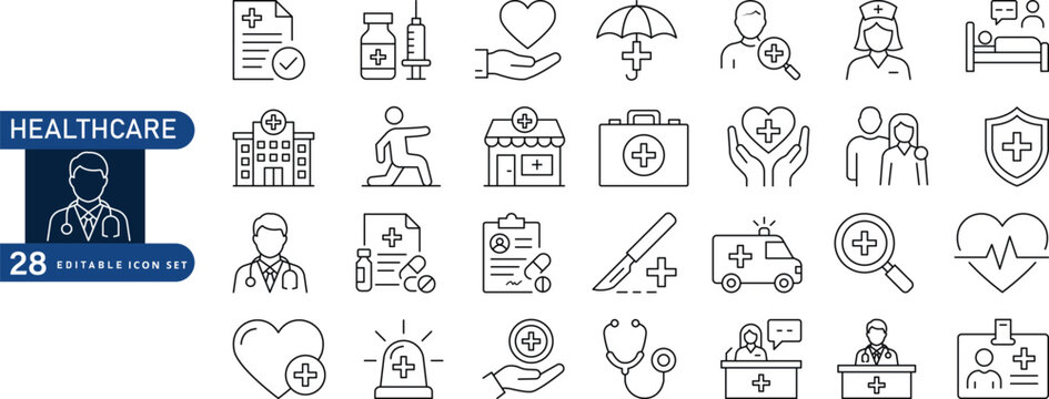 Collection of twenty eight hand drawn medical and healthcare icons featuring doctors hospitals ambulances and health symbols in a simple sketch style Vector, illustration