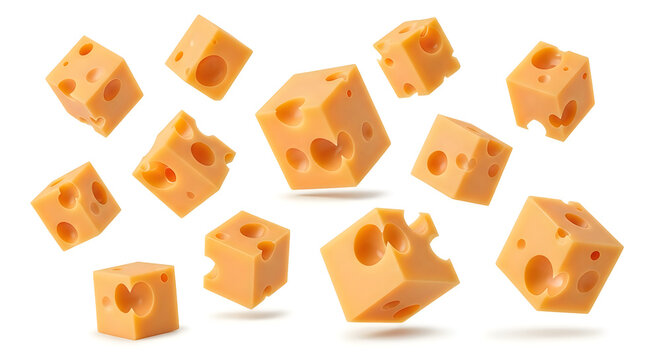 Numerous delicious cubes of yellow swiss cheese with holes floating in the air arranged in a pattern on white background