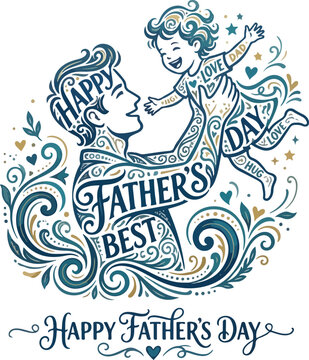 Elegant Happy Father's Day Calligram Illustration Featuring Artistic Swirl Silhouettes of a Father and Child on a Clean White Background