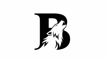 Letter b with howling wolf illustration black and white vector design © klx