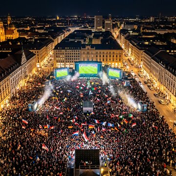 Large crowd watches soccer on screens in city square