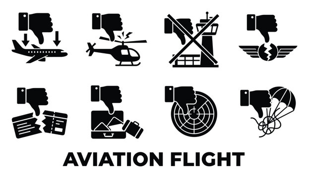 Aviation flight negative icons set line art with thumbs down airplane helicopter control tower broken wings.
