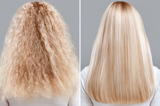 Hair treatment before after comparison image showing frizzy hair changed to smooth blond hair