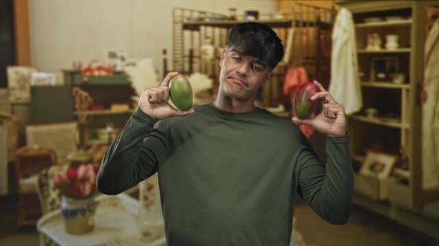 Man holds two mangoes between fingers, shrugging with a wry uncertain expression amid shelves of ceramics in an antique shop building; hesitation choice.