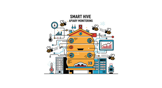 A digital graphic illustration displays a smart hive apiary monitoring system with various technical data nodes and icons arranged in a clean white background environment.