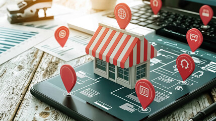 Naklejka premium Storefront shop mobile app business concept online location map marketing retail