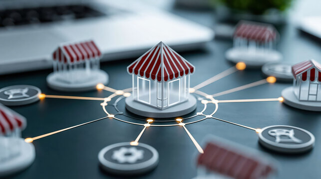 Business network concept franchise store model connected shop icon retail branch network small business growth market expansion plan business