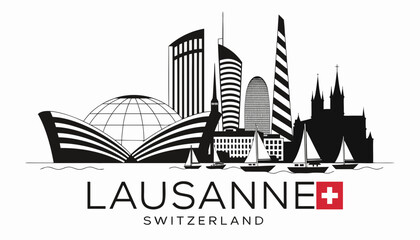 Obraz premium Vector illustration of Lausanne skyline in clean architectural line art, featuring iconic skyscrapers and landmarks, with 'LAUSANNE' text