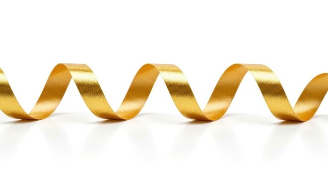 A golden ribbon curls horizontally across a white background with subtle reflections