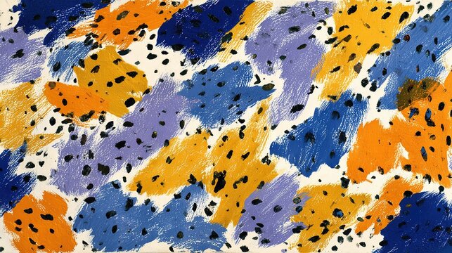 Dynamic abstract pattern with irregular orange, blue and purple paint splotches on white background, thick rough brushstrokes and dotted blue areas, full-frame non-objective art