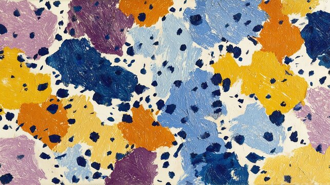 Dynamic abstract pattern with irregular orange, blue and purple paint splotches on white background, thick rough brushstrokes and dotted blue areas, full-frame non-objective art